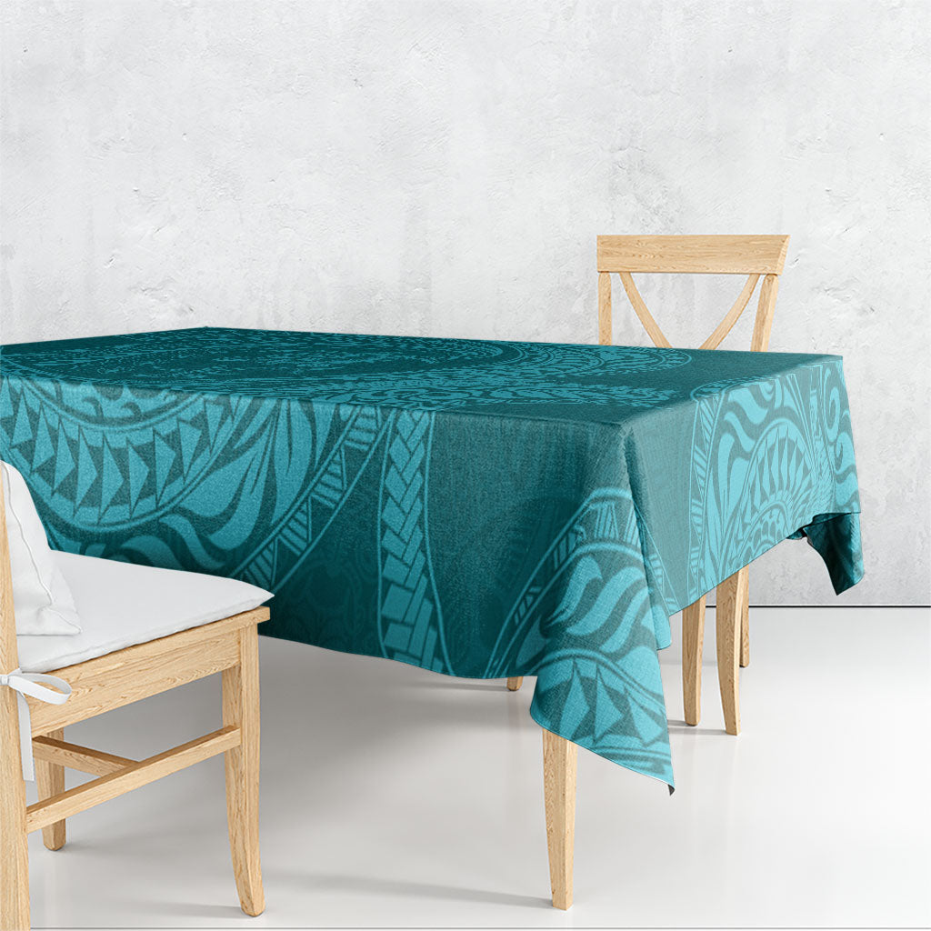 Hawaiian Turtle and Shark Tablecloth Kakau Tribal with Polynesian Pattern Turquoise Color
