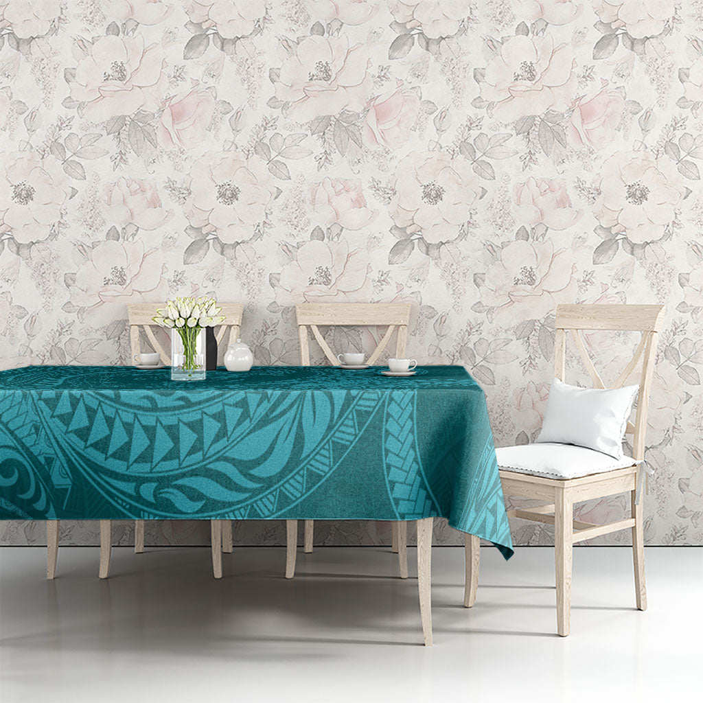 Hawaiian Turtle and Shark Tablecloth Kakau Tribal with Polynesian Pattern Turquoise Color