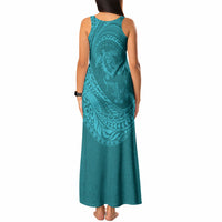 Hawaiian Turtle and Shark Tank Maxi Dress Kakau Tribal with Polynesian Pattern Turquoise Color