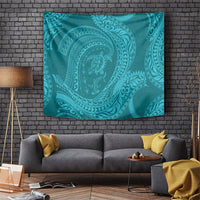 Hawaiian Turtle and Shark Tapestry Kakau Tribal with Polynesian Pattern Turquoise Color