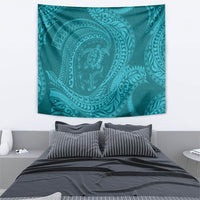 Hawaiian Turtle and Shark Tapestry Kakau Tribal with Polynesian Pattern Turquoise Color