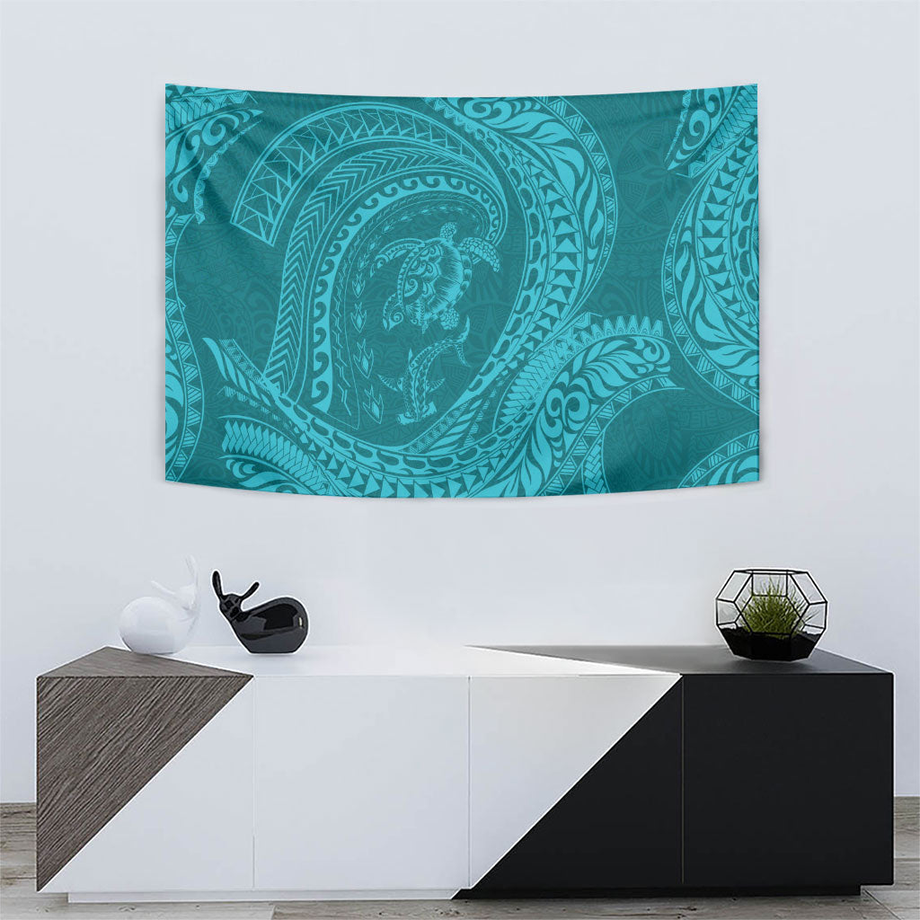 Hawaiian Turtle and Shark Tapestry Kakau Tribal with Polynesian Pattern Turquoise Color
