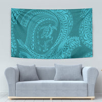 Hawaiian Turtle and Shark Tapestry Kakau Tribal with Polynesian Pattern Turquoise Color