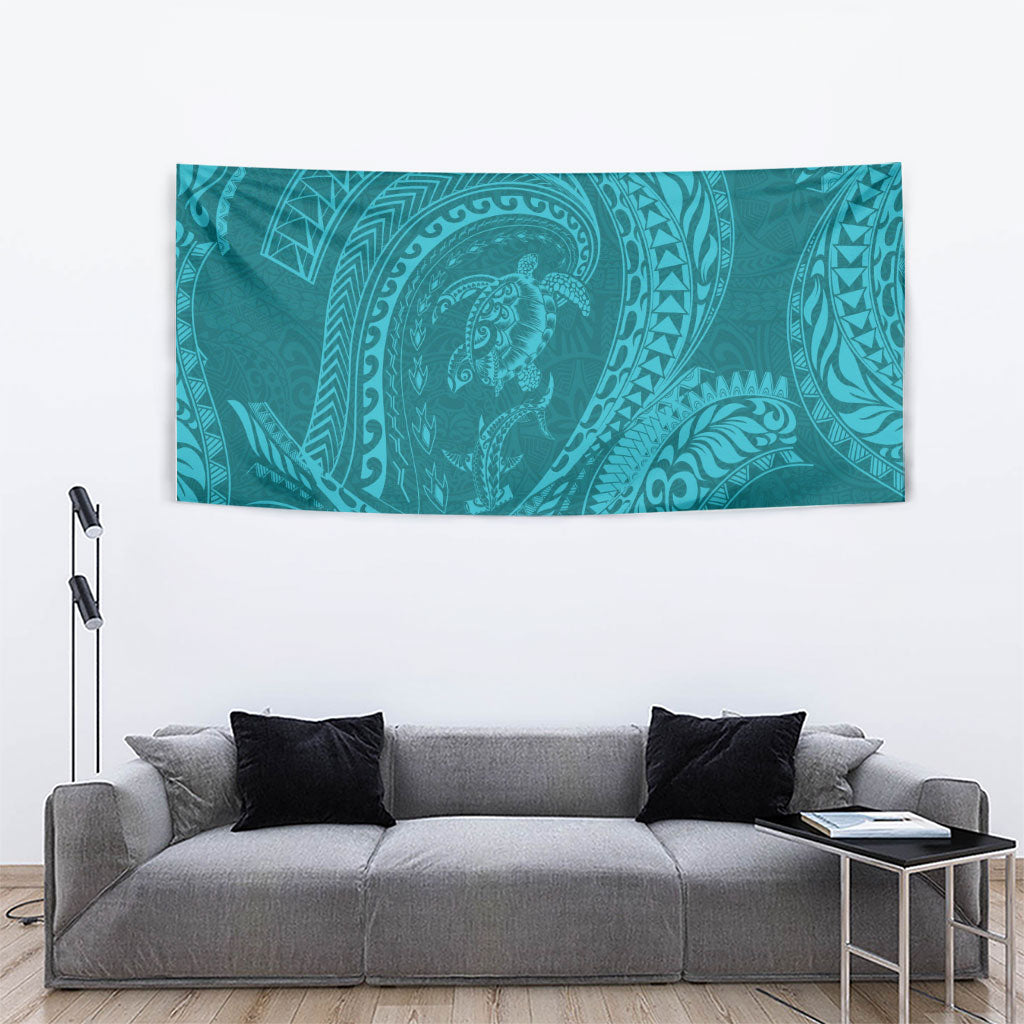 Hawaiian Turtle and Shark Tapestry Kakau Tribal with Polynesian Pattern Turquoise Color