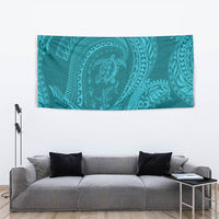 Hawaiian Turtle and Shark Tapestry Kakau Tribal with Polynesian Pattern Turquoise Color