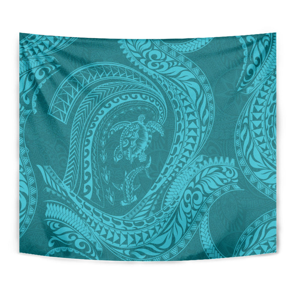 Hawaiian Turtle and Shark Tapestry Kakau Tribal with Polynesian Pattern Turquoise Color