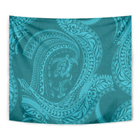 Hawaiian Turtle and Shark Tapestry Kakau Tribal with Polynesian Pattern Turquoise Color
