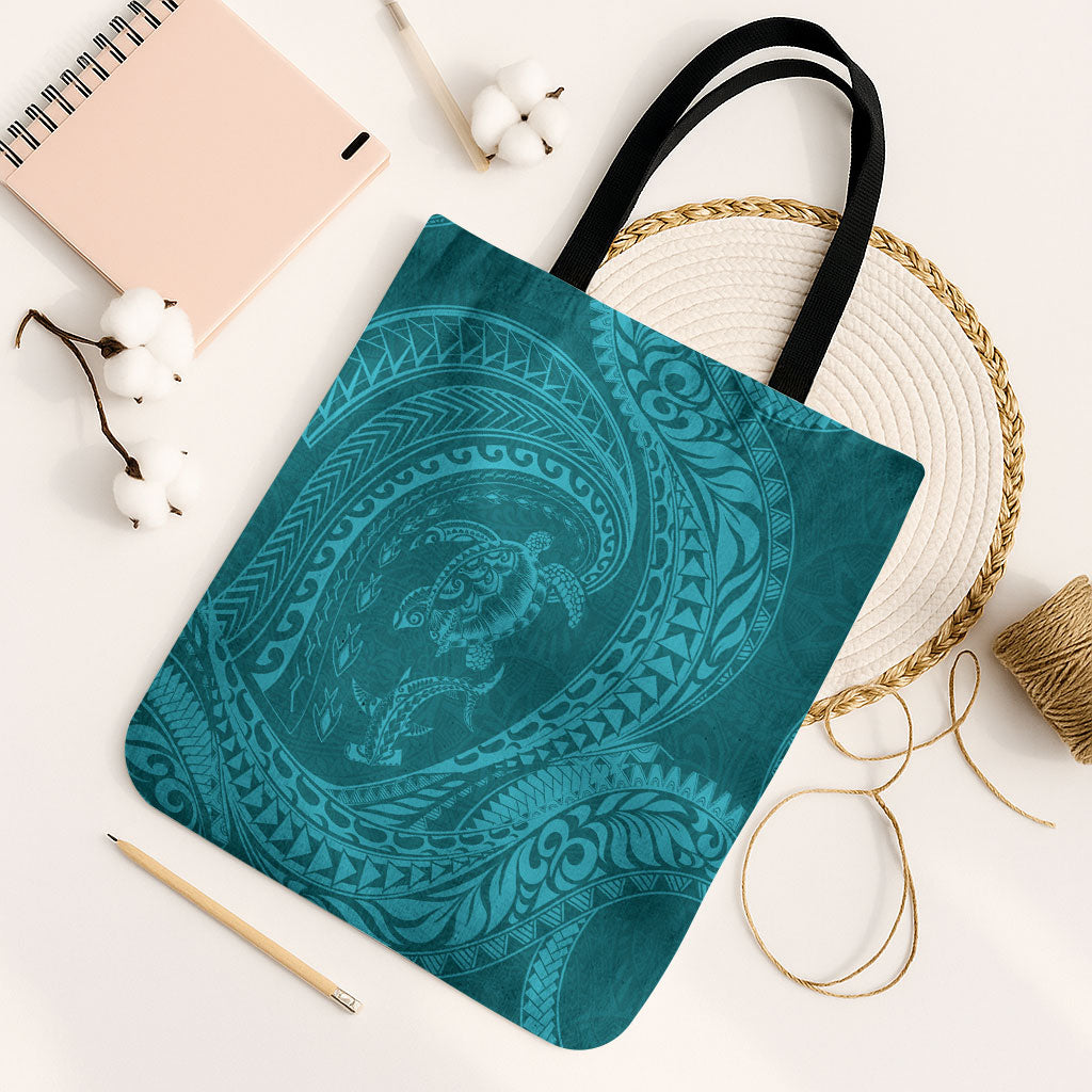 Hawaiian Turtle and Shark Tote Bag Kakau Tribal with Polynesian Pattern Turquoise Color