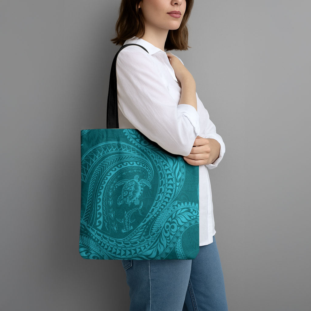 Hawaiian Turtle and Shark Tote Bag Kakau Tribal with Polynesian Pattern Turquoise Color