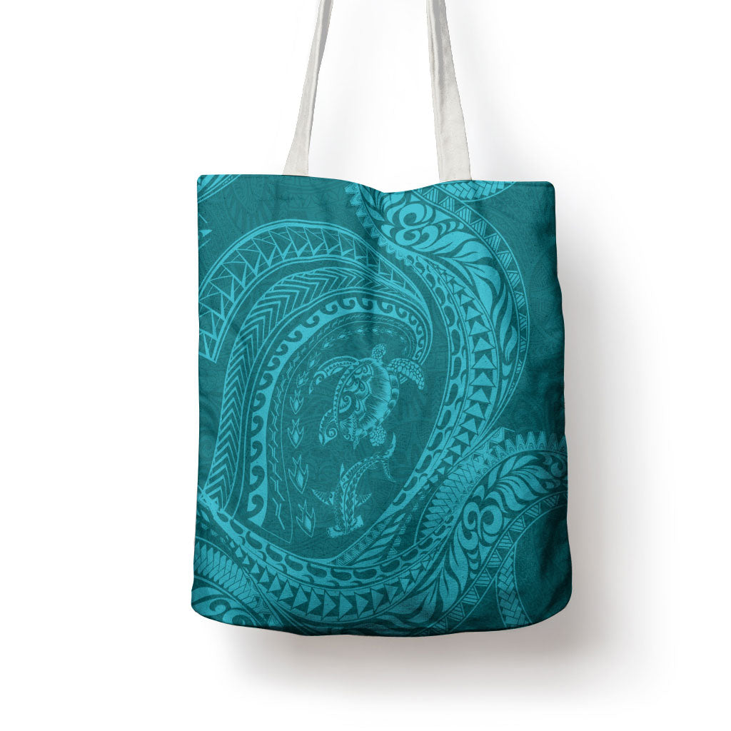Hawaiian Turtle and Shark Tote Bag Kakau Tribal with Polynesian Pattern Turquoise Color