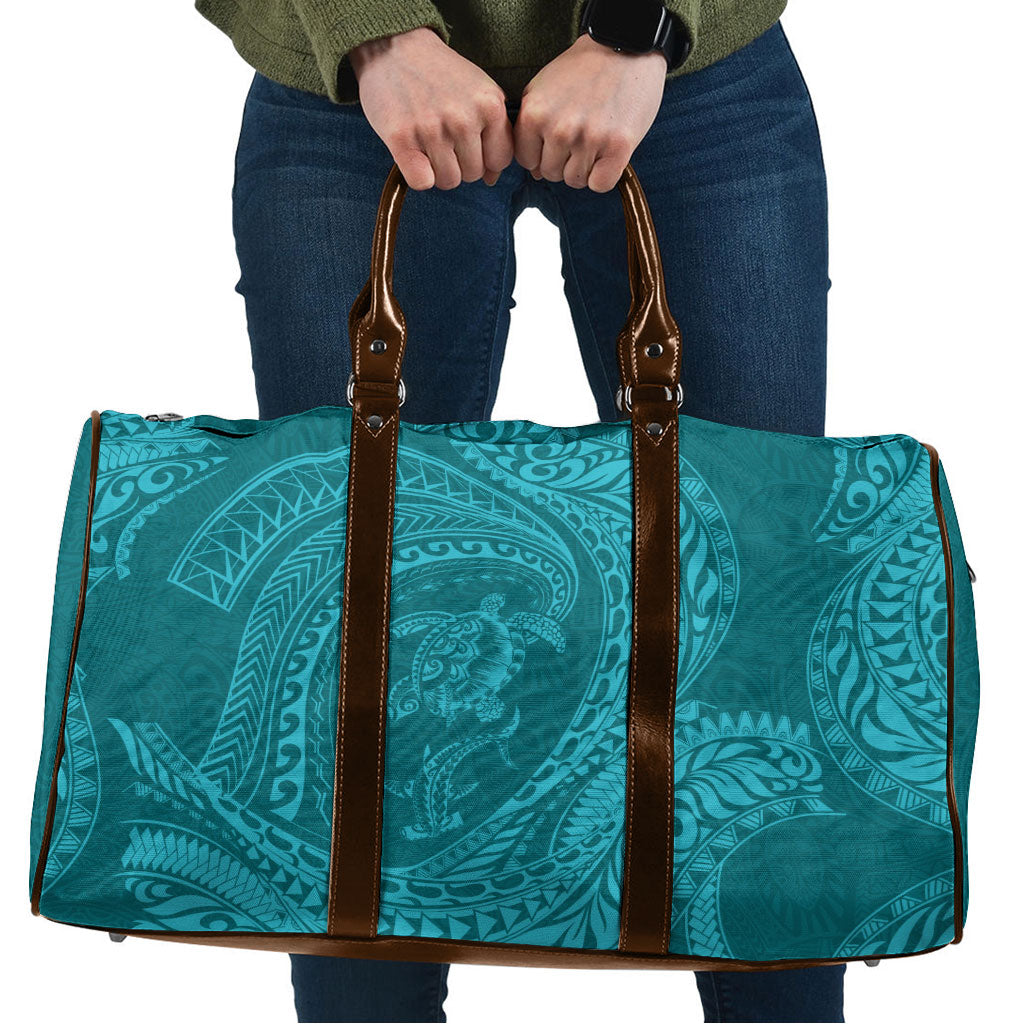 Hawaiian Turtle and Shark Travel Bag Kakau Tribal with Polynesian Pattern Turquoise Color