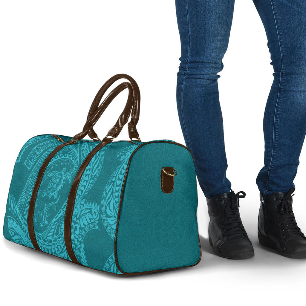 Hawaiian Turtle and Shark Travel Bag Kakau Tribal with Polynesian Pattern Turquoise Color