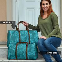 Hawaiian Turtle and Shark Travel Bag Kakau Tribal with Polynesian Pattern Turquoise Color