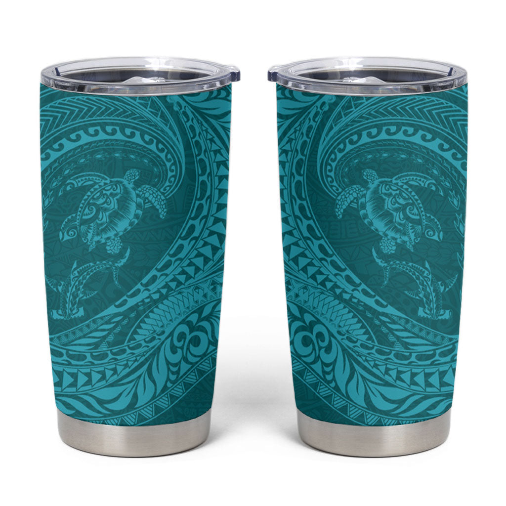 Hawaiian Turtle and Shark Tumbler Cup Kakau Tribal with Polynesian Pattern Turquoise Color
