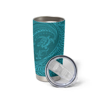 Hawaiian Turtle and Shark Tumbler Cup Kakau Tribal with Polynesian Pattern Turquoise Color