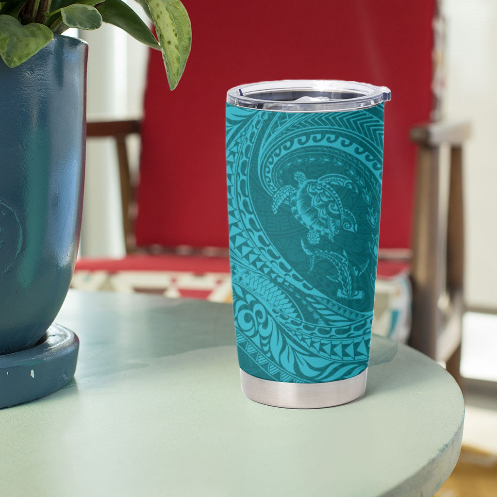 Hawaiian Turtle and Shark Tumbler Cup Kakau Tribal with Polynesian Pattern Turquoise Color