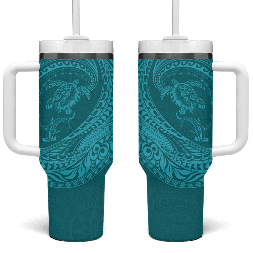 Hawaiian Turtle and Shark Tumbler With Handle Kakau Tribal with Polynesian Pattern Turquoise Color