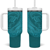 Hawaiian Turtle and Shark Tumbler With Handle Kakau Tribal with Polynesian Pattern Turquoise Color