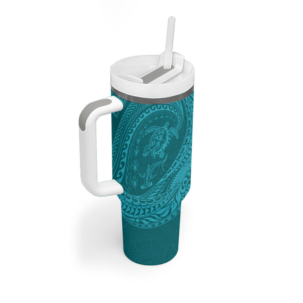Hawaiian Turtle and Shark Tumbler With Handle Kakau Tribal with Polynesian Pattern Turquoise Color