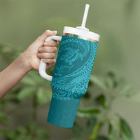 Hawaiian Turtle and Shark Tumbler With Handle Kakau Tribal with Polynesian Pattern Turquoise Color