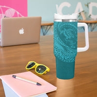 Hawaiian Turtle and Shark Tumbler With Handle Kakau Tribal with Polynesian Pattern Turquoise Color