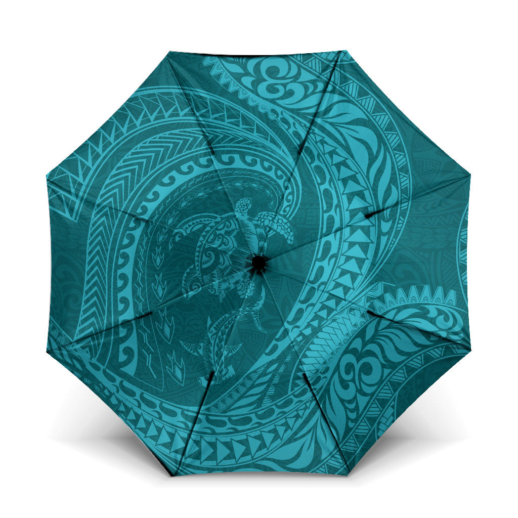 Hawaiian Turtle and Shark Umbrella Kakau Tribal with Polynesian Pattern Turquoise Color