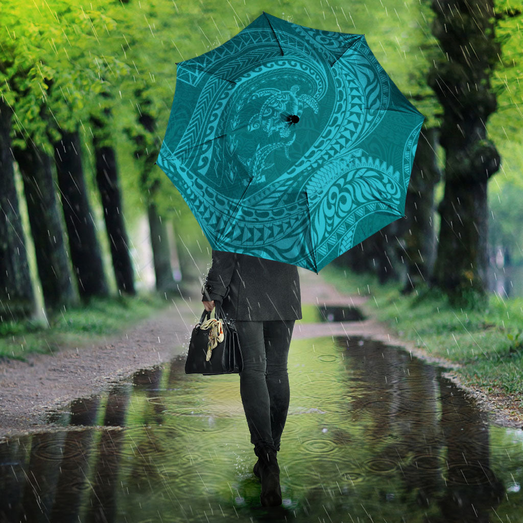 Hawaiian Turtle and Shark Umbrella Kakau Tribal with Polynesian Pattern Turquoise Color