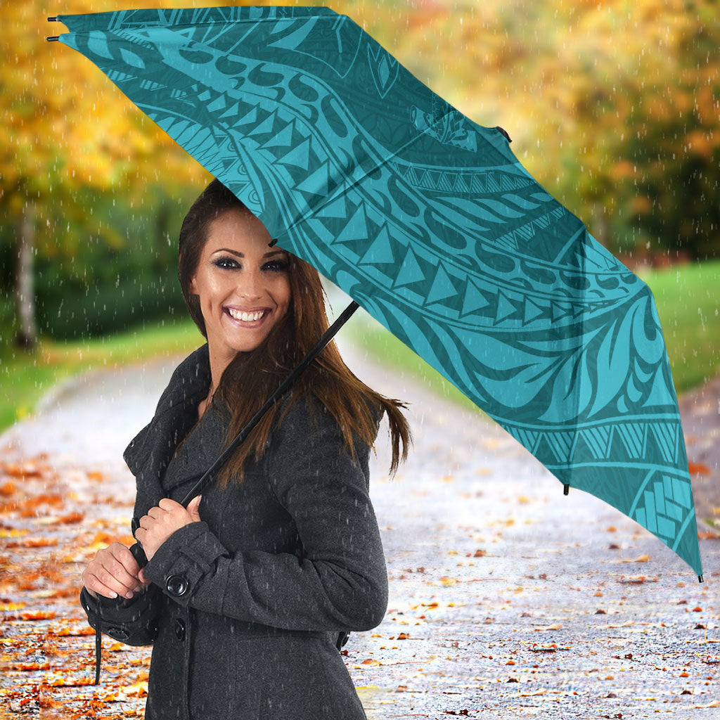 Hawaiian Turtle and Shark Umbrella Kakau Tribal with Polynesian Pattern Turquoise Color