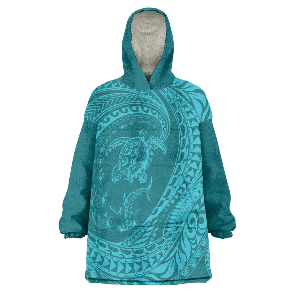 Hawaiian Turtle and Shark Wearable Blanket Hoodie Kakau Tribal with Polynesian Pattern Turquoise Color