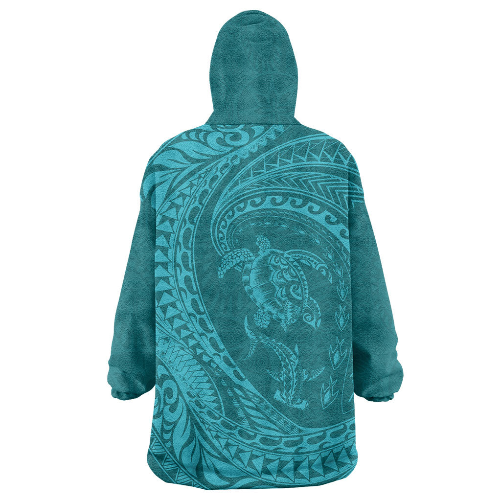 Hawaiian Turtle and Shark Wearable Blanket Hoodie Kakau Tribal with Polynesian Pattern Turquoise Color