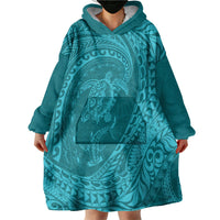 Hawaiian Turtle and Shark Wearable Blanket Hoodie Kakau Tribal with Polynesian Pattern Turquoise Color