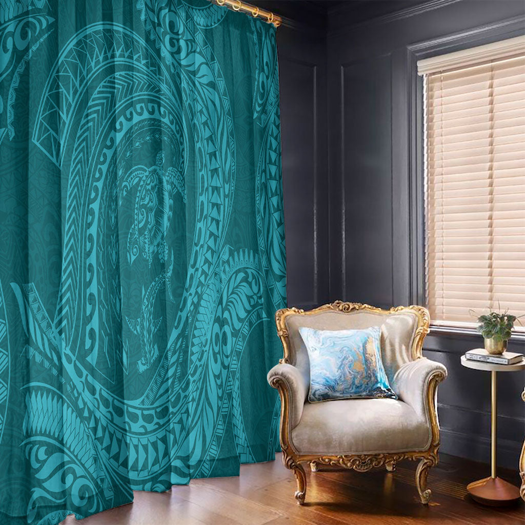 Hawaiian Turtle and Shark Window Curtain Kakau Tribal with Polynesian Pattern Turquoise Color