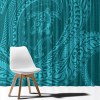 Hawaiian Turtle and Shark Window Curtain Kakau Tribal with Polynesian Pattern Turquoise Color