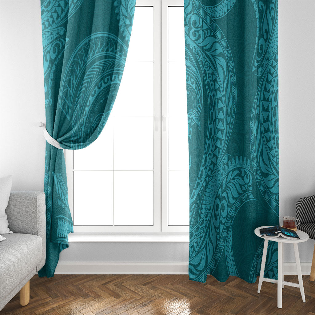 Hawaiian Turtle and Shark Window Curtain Kakau Tribal with Polynesian Pattern Turquoise Color
