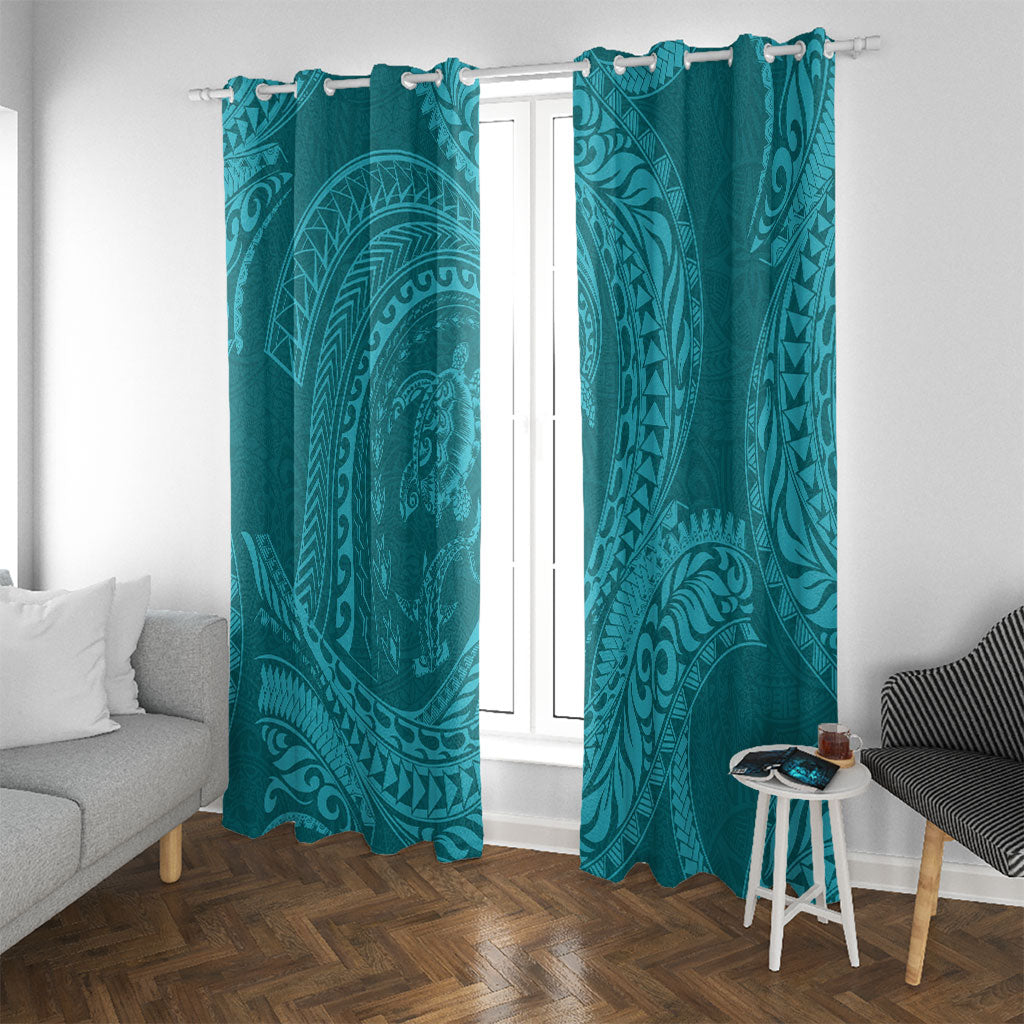 Hawaiian Turtle and Shark Window Curtain Kakau Tribal with Polynesian Pattern Turquoise Color