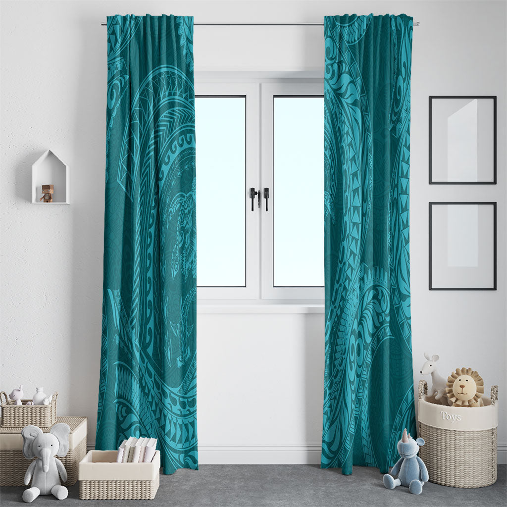 Hawaiian Turtle and Shark Window Curtain Kakau Tribal with Polynesian Pattern Turquoise Color