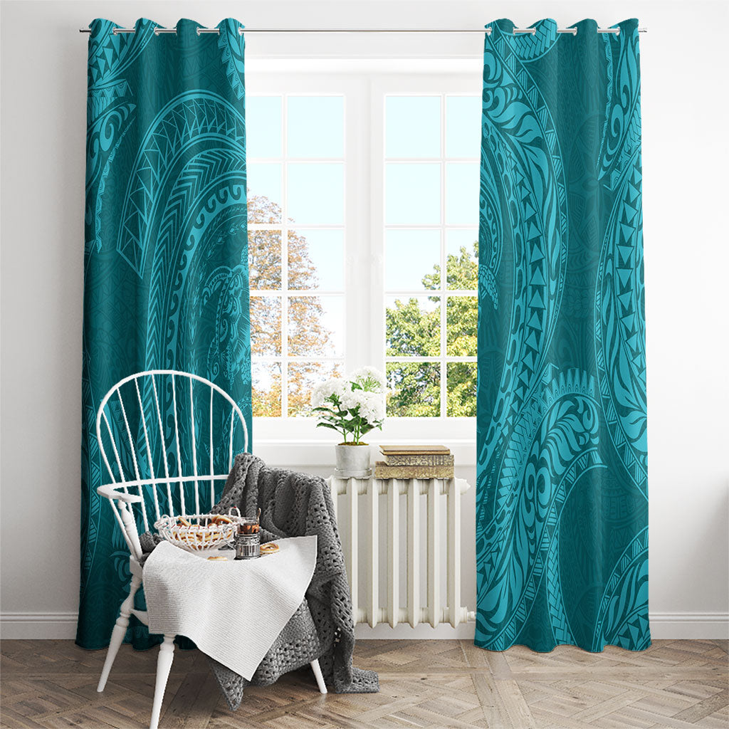 Hawaiian Turtle and Shark Window Curtain Kakau Tribal with Polynesian Pattern Turquoise Color