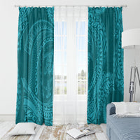 Hawaiian Turtle and Shark Window Curtain Kakau Tribal with Polynesian Pattern Turquoise Color