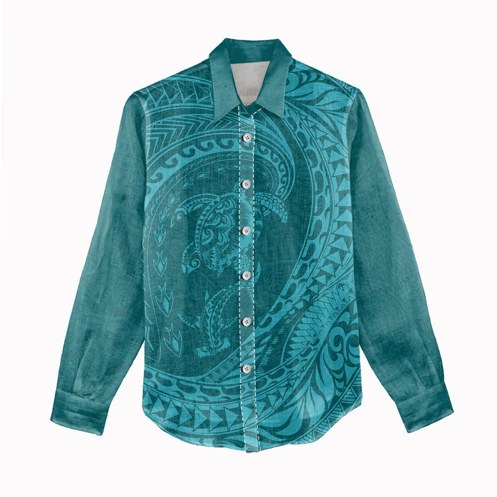 Hawaiian Turtle and Shark Women Casual Shirt Kakau Tribal with Polynesian Pattern Turquoise Color