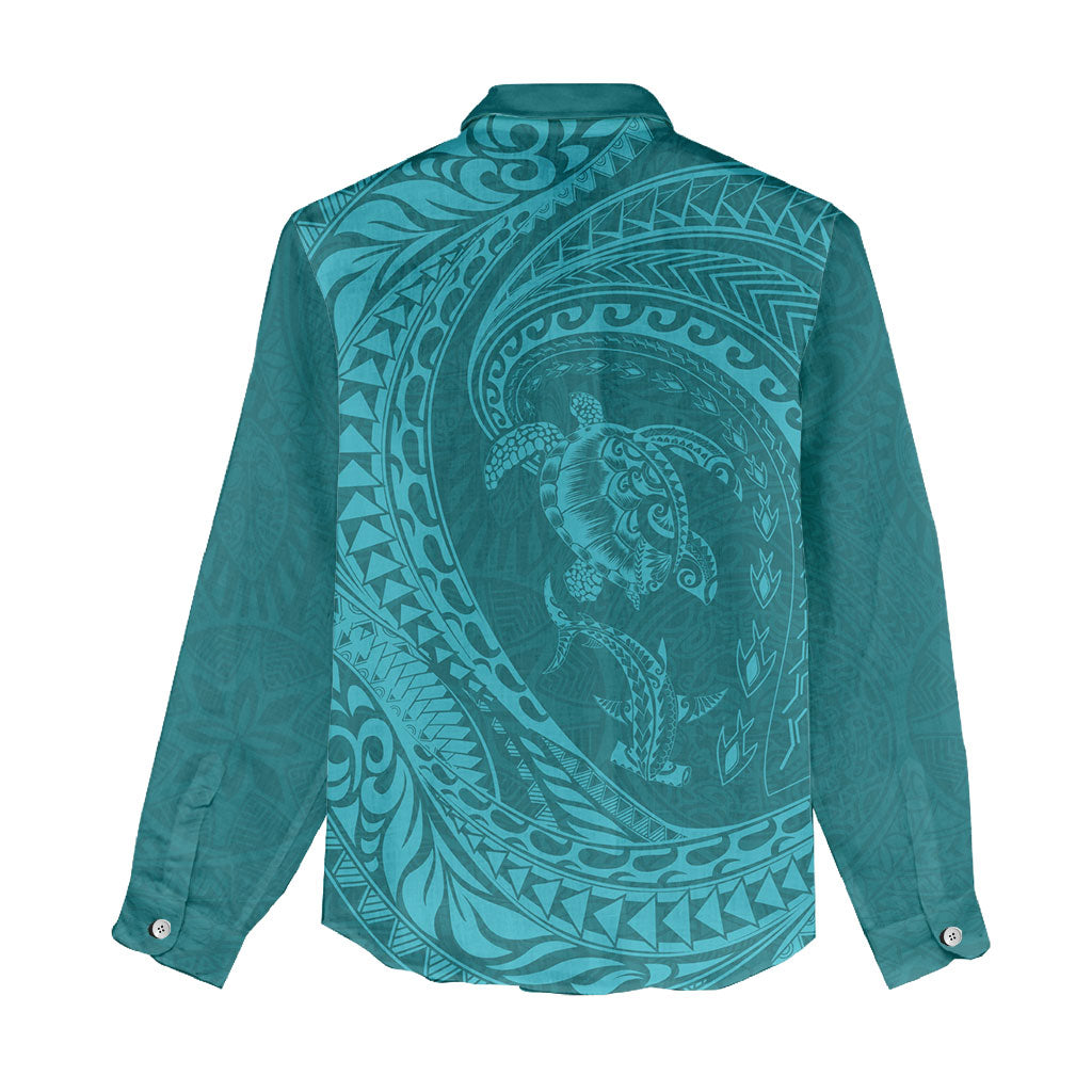 Hawaiian Turtle and Shark Women Casual Shirt Kakau Tribal with Polynesian Pattern Turquoise Color