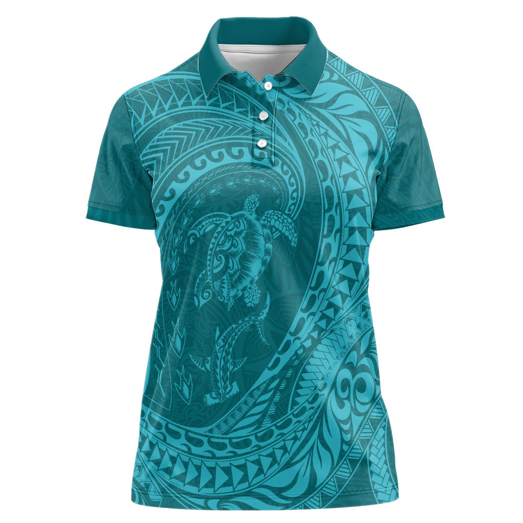 Hawaiian Turtle and Shark Women Polo Shirt Kakau Tribal with Polynesian Pattern Turquoise Color