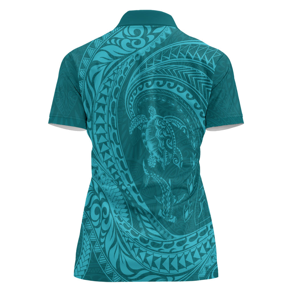 Hawaiian Turtle and Shark Women Polo Shirt Kakau Tribal with Polynesian Pattern Turquoise Color