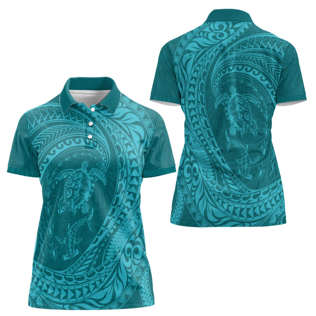 Hawaiian Turtle and Shark Women Polo Shirt Kakau Tribal with Polynesian Pattern Turquoise Color