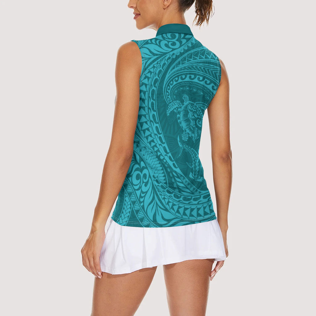 Hawaiian Turtle and Shark Women Sleeveless Polo Shirt Kakau Tribal with Polynesian Pattern Turquoise Color