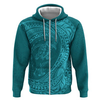 Hawaiian Turtle and Shark Zip Hoodie Kakau Tribal with Polynesian Pattern Turquoise Color