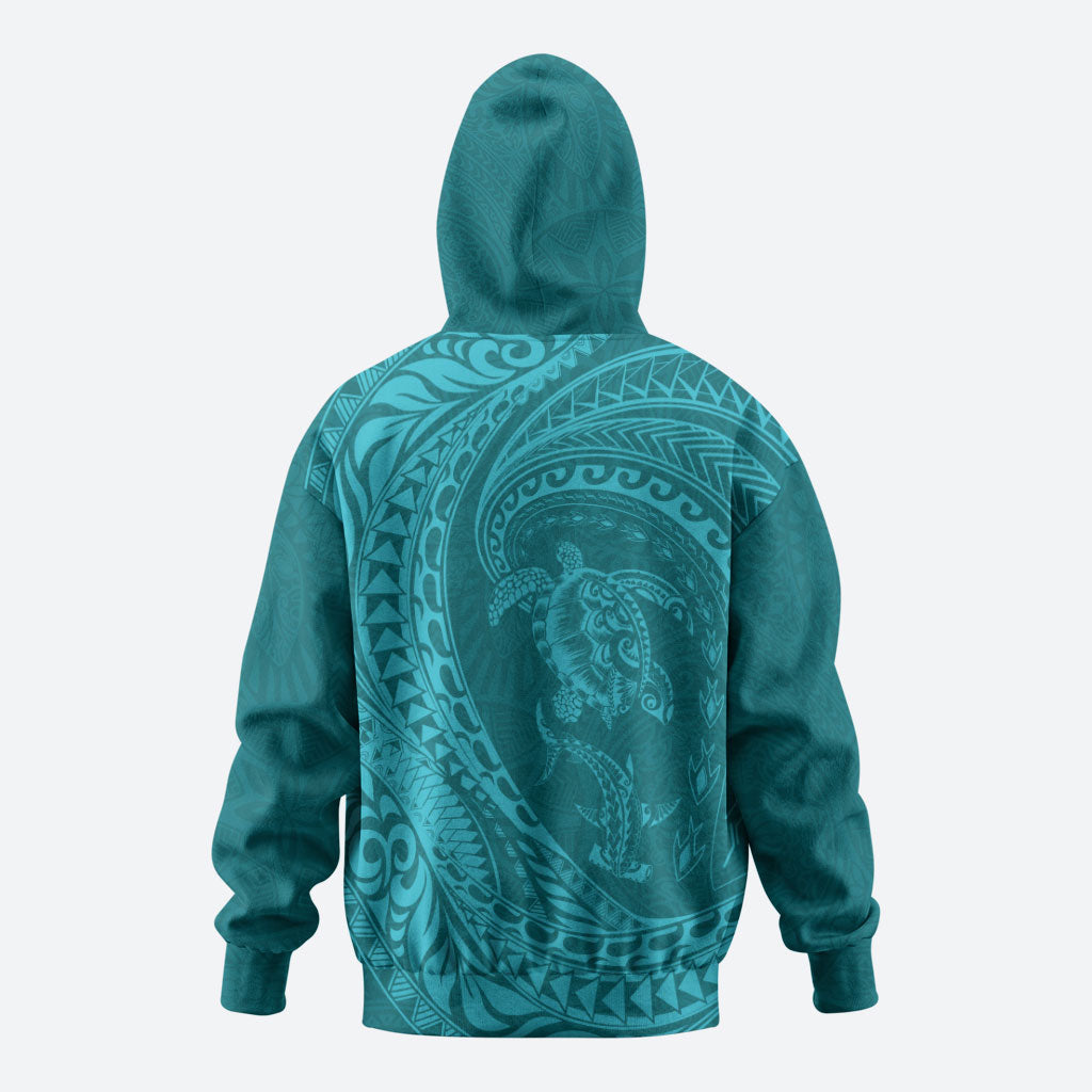 Hawaiian Turtle and Shark Zip Hoodie Kakau Tribal with Polynesian Pattern Turquoise Color