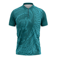 Hawaiian Turtle and Shark Zipper Polo Shirt Kakau Tribal with Polynesian Pattern Turquoise Color