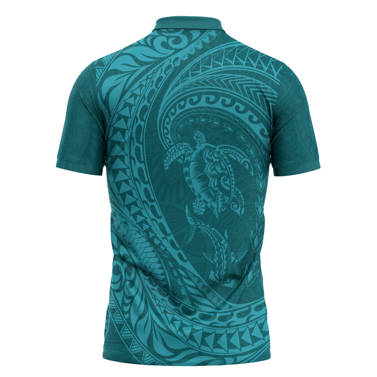 Hawaiian Turtle and Shark Zipper Polo Shirt Kakau Tribal with Polynesian Pattern Turquoise Color