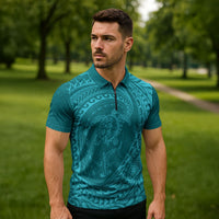 Hawaiian Turtle and Shark Zipper Polo Shirt Kakau Tribal with Polynesian Pattern Turquoise Color
