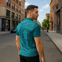 Hawaiian Turtle and Shark Zipper Polo Shirt Kakau Tribal with Polynesian Pattern Turquoise Color